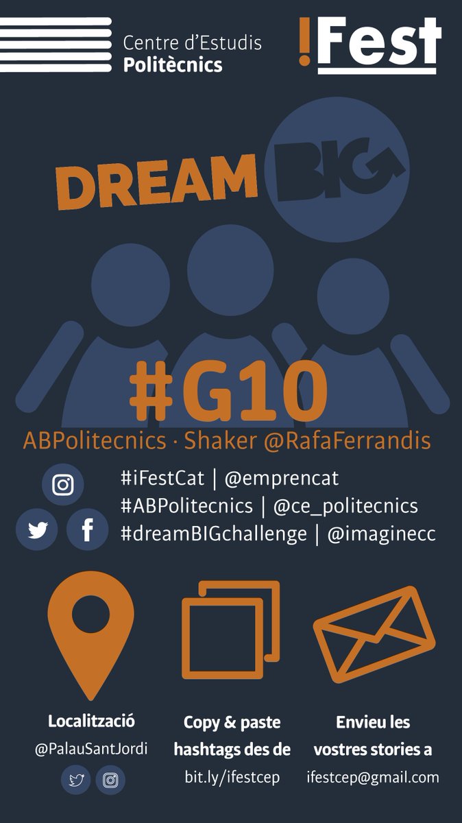 ce_politecnics's tweet photo. Podeu animar als equips #GO_NOW i #G10 de l'#ABPolitecnics. Els players i els shakers @suriac i @RafaFerrandis necessiten el vostre suport durant el #dreamBIGchallenge de l'#iFestCat. Molta sort a tots! #iFestCep https://t.co/s2nwQStbtv