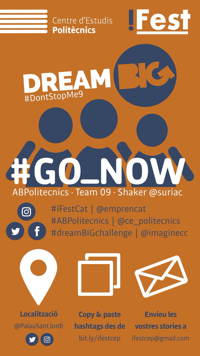 ce_politecnics's tweet photo. Podeu animar als equips #GO_NOW i #G10 de l'#ABPolitecnics. Els players i els shakers @suriac i @RafaFerrandis necessiten el vostre suport durant el #dreamBIGchallenge de l'#iFestCat. Molta sort a tots! #iFestCep https://t.co/Gnf5YUOv7I