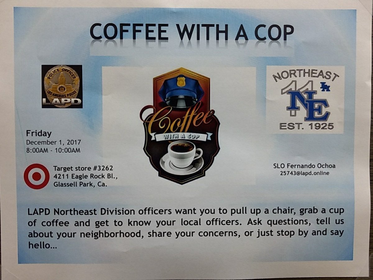 EagleRockSLO's tweet photo. This Friday, come join the event &amp; enjoy a cup with local law enforcement officers. I will be there along with some colleagues to answer questions &amp; address concerns. 8-10 A.M. Hope to see you there. https://t.co/7CxP0LbxiR