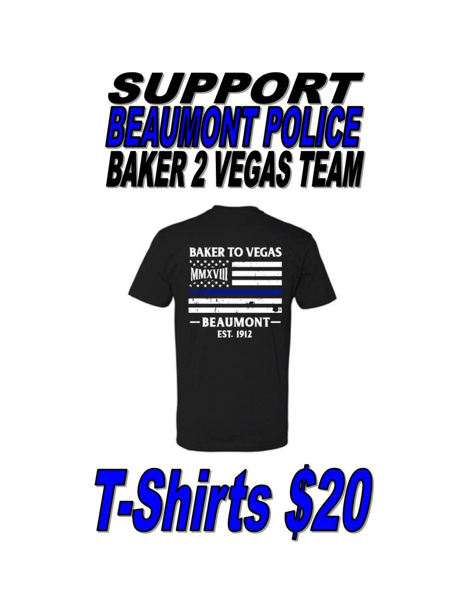 BeaumontPd_PIO's tweet photo. #BPD is participating in the 2018 Baker 2 Vegas LE Relay Race. Stop by and pick up a B2V T-shirt and support our team! https://t.co/RC1uWrN3ty