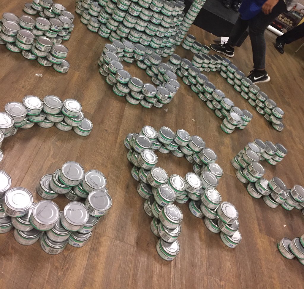 FoodBankWatReg's tweet image. A little peak at one of this morning’s @Manulife Challenge CANstruction builds. #engagingemployees #mostneededitems #tuna #teamwork