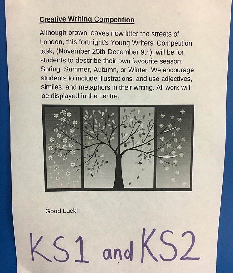 HackneyTuition's tweet image. Creative Writing Competition: Describe Your Own Favourite Season 🍂☀️☔️☃️ November 25th - December 9th❗️#hackneytuition #hackney #tuition #tuitioncentre #youngwriters #creativewritingcompetition #english #ks1 #ks2 #fun #seasons #spring #summer #autumn #winter