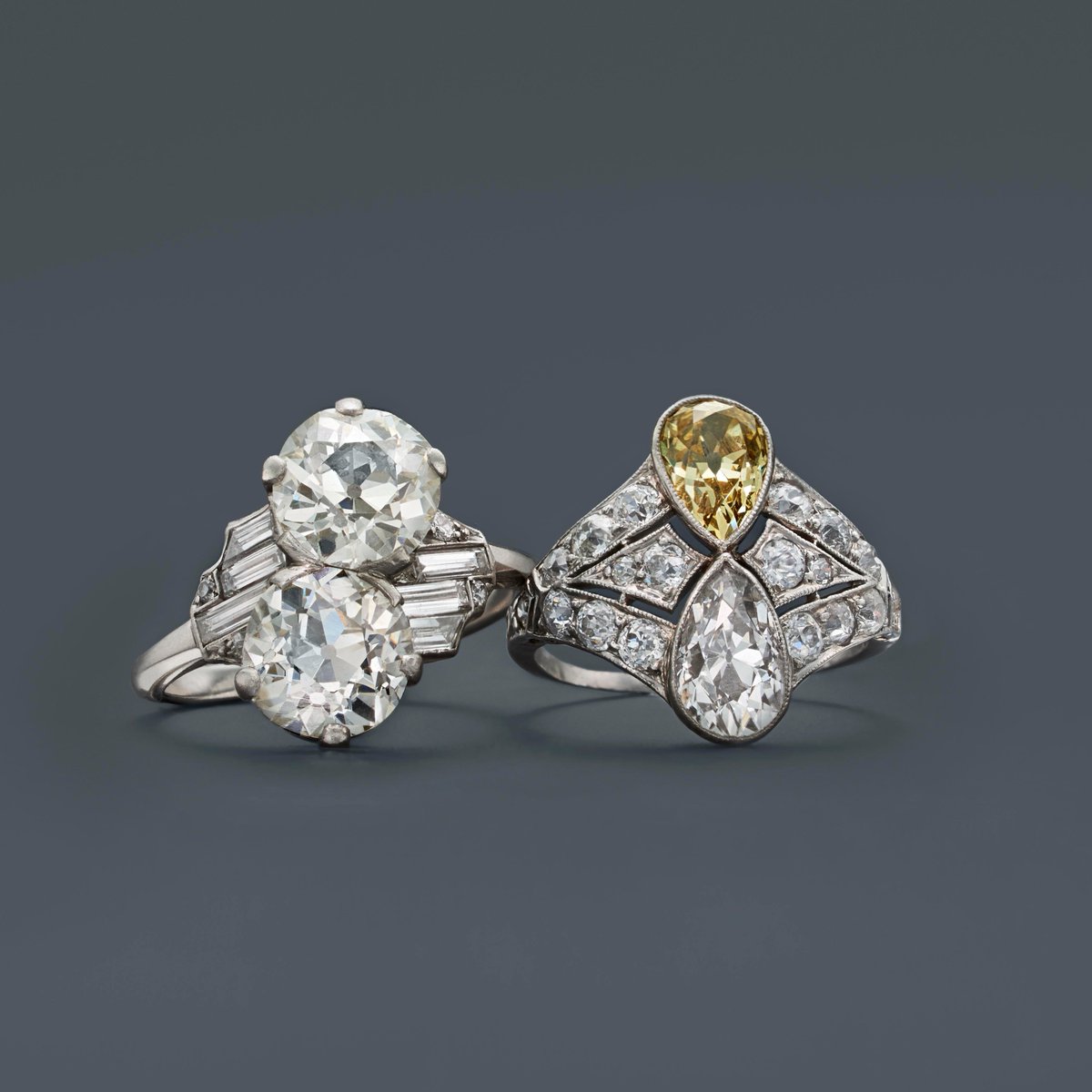 Discover the unique possibilities of vintage engagement rings. An old European cut diamond bypass ring and Art Deco yellow and white diamond twin ring. #FredLeighton #vintagejewelry