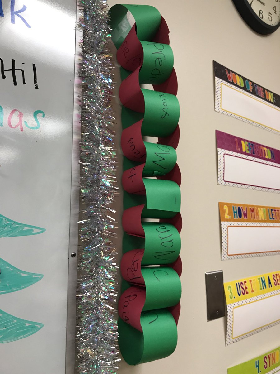MrsSmithD158's tweet photo. My 8th graders helped me make a paper chain today counting down the days until Winter Break!! 15 days! 

Each paper has a vocab word so we can cut it down and learn a new word everyday 👍🏽 #teachingvocab #middleschoolSLP #MMSChristmasBreakCountdown https://t.co/qn2m249u46