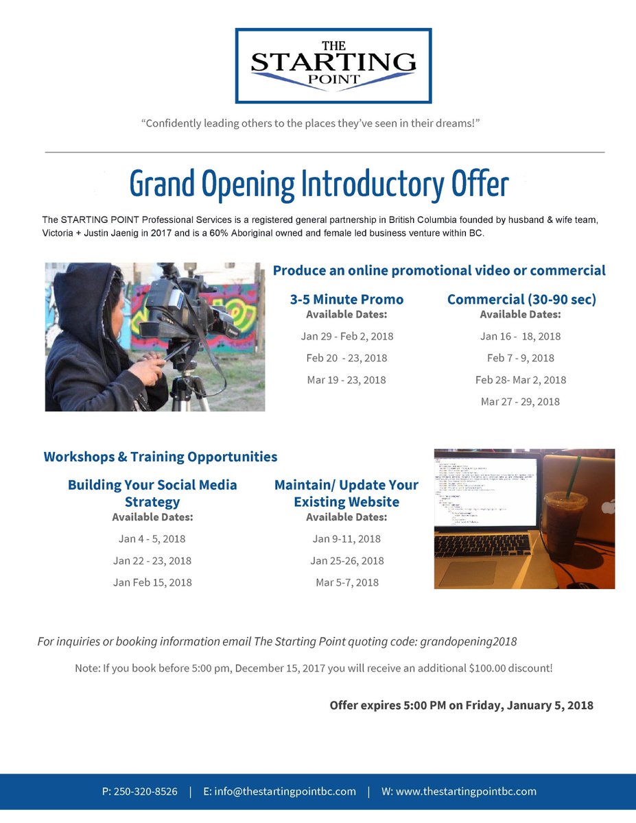 StartingPointBC's tweet image. Grand Opening Introductory Offer from #thestartingpointBC for businesses, organizations or Aboriginal communities primarily within the #BC interior  #Kamloops #Vernon #Merritt #Kelowna #Penticton #Keremeos and surrounding areas!