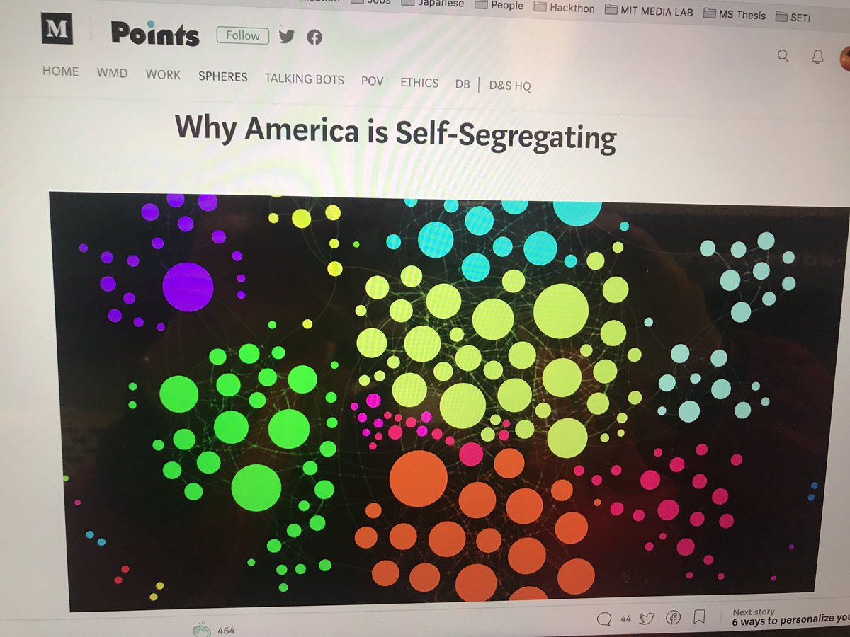 jennyjsj's tweet photo. It's interesting to see how the US is a diverse but segregated country via network analysis.
A quote I really like from the article: "what makes people willing to hear difference is knowing and trusting people whose worldview differs from their own." https://t.co/V9iUDMwgoE