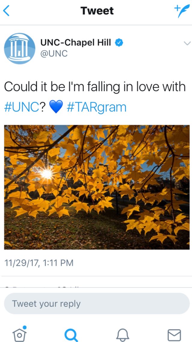 CountessesofUNC's tweet photo. Are my eyes deceiving me? I noticed that UNC posted a positively beautiful fall picture with yellow leaves and a Carolina blue sky. Then lo and behold, NCSU posts an almost identical picture from their campus. 1.5 hours later. #CopyMuch?? https://t.co/no84BqnM8z
