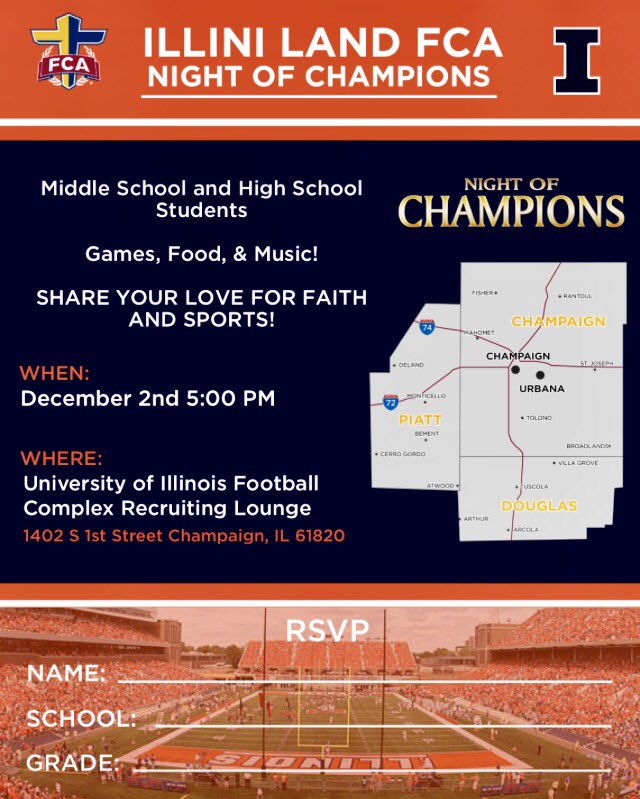 IlliniLandFCA's tweet photo. Join us THIS SATURDAY for our "Night of Champions" @ Memorial Stadium! 🏆Lots of food, games, &amp; college athlete testimonies - great for you, your Huddle, or the whole family! 5️⃣to7️⃣:3️⃣0️⃣PM https://t.co/uF9Nf3z3Bw