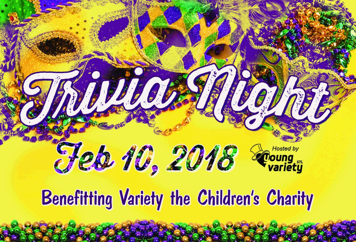 VarietySTL's tweet photo. Let the good times roll! Registration for Variety Trivia Night 2018 will open at 10 a.m. this Friday, Dec. 1. Hosted by @YoungVarietySTL , this event supports Variety Kids and features 10 rounds of trivia, free drinks and more! https://t.co/zYDk1t2qUd #trivianight #triviaSTL https://t.co/BFlhntpTSg