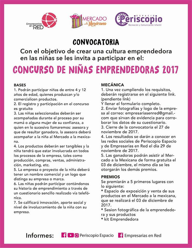 EmpresariasRed's tweet photo. Concurso de niñas emprendedoras 2017 #Xalapa, revisa las bases en https://t.co/7RMoiXDeSK y lleva a tu pequeña este domingo 3 de diciembre. https://t.co/Q2BRwhW422
