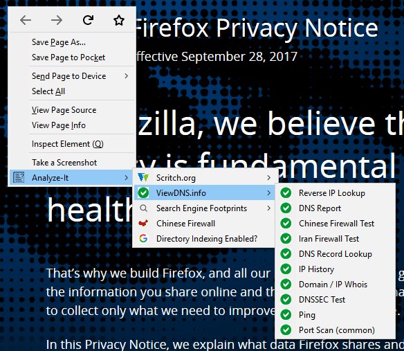 timothytocci's tweet photo. New version of Firefox Analyze-it context menu up in the AMO - https://t.co/q5P8NDrym6 Find out more about the web pages you visit. #firefox #addon #contextmenu #ceh #seo #security #fingerprint #ff57 #domain #whois #ping #dns #cms #firewall https://t.co/u4Cfastc6s