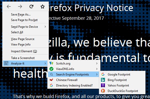 timothytocci's tweet photo. New version of Firefox Analyze-it context menu up in the AMO - https://t.co/q5P8NDrym6 Find out more about the web pages you visit. #firefox #addon #contextmenu #ceh #seo #security #fingerprint #ff57 #domain #whois #ping #dns #cms #firewall https://t.co/u4Cfastc6s