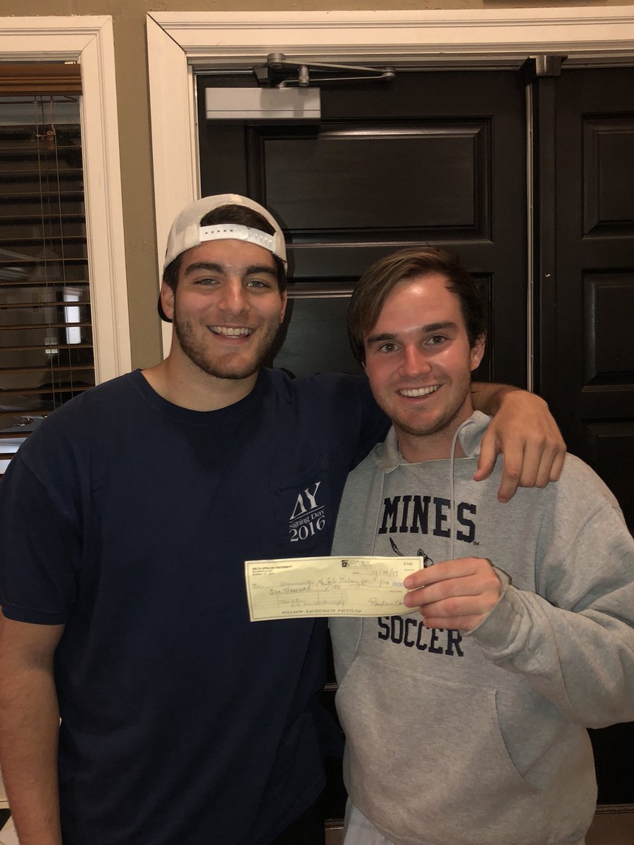 Members Will, Jared, Tyler, and Hayden brought donated canned foods to the Norman Food and Shelter center this past week! Also pictured, member Jordan Lilly presents the OU Relay For Life chair Alex Berney with a 1,000 dollar donation for giving Tuesday! <a href="/FoodShelter/">Food and Shelter</a> <a href="/OUrelay/">OU Relay For Life</a>