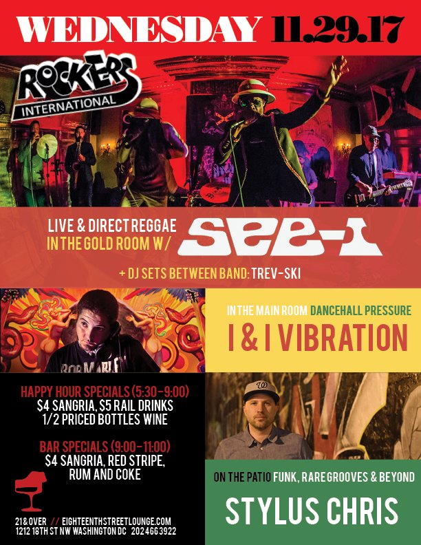 Doors 5pm / 21+
Patio: Live &amp; Direct Reggae w/ <a href="/Seei/">See-I</a> <a href="/jazsnga/">CANDICHE 🎶 🎤 🎷</a> <a href="/Trev_Keen/">DJ Trev-ski</a> 
Main Room: Dancehall Pressure w/ <a href="/ivibesound/">I&I Vibration</a> <a href="/selectacastro/">Castro</a> 
Patio: Rare Grooves w/ <a href="/styluschris/">Chris Stiles</a> 
#ESL #LiveMusic #Reggae #Dancehall #Funk #House #Soul #WDC #DCNightlife #RockersInternational