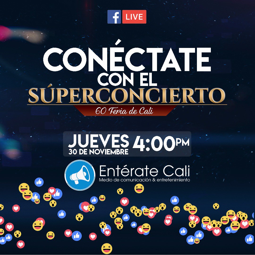 EnterateCali's tweet photo. ¡MAÑANA! Facebook Live para conocer más detalles sobre el SÚPERCONCIERTO 60 Feria de Cali... https://t.co/YGgaCCLbO2 🎤🎊🎶 https://t.co/Y1ni4eDulO