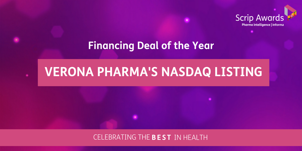 PharmaScrip's tweet photo. Verona Pharma's NASDAQ listing is the winner of 'Financing Deal of the Year'. Congratulations! #ScripAwards 2017 https://t.co/ELSHnwIVy9