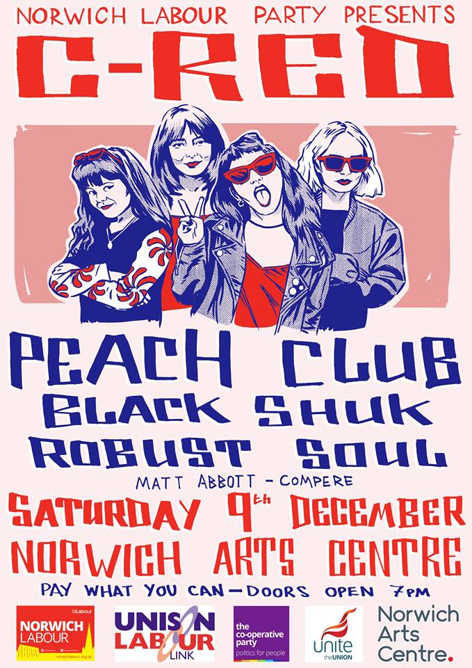 Labour_C_Red's tweet image. 🔊We're pleased to announce the full line-up for next Saturday's gig! Headliners @ppeachclubb will be joined by @BlackShuk, Robust Soul and MC @MattAbbottPoet. Tickets are here, and are pay-what-you-can: norwichartscentre.co.uk/events/norwich… 🔊