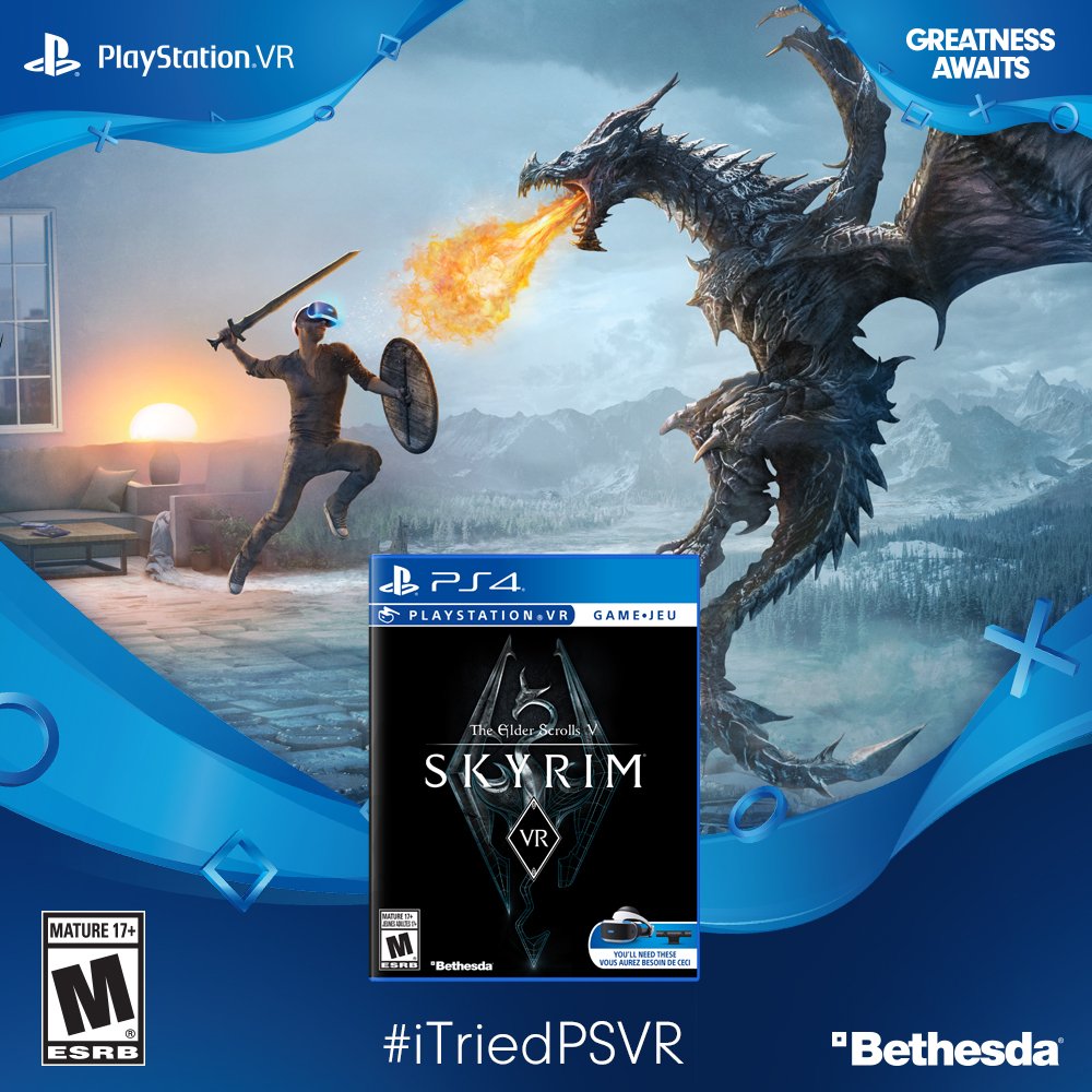 PlayStationCA's tweet photo. In this week’s #iTriedPSVR giveaway battle ancient dragons and explore the beauty of Skyrim. Skyrim VR brings to life a complete open world for you to experience https://t.co/CYaVxpYtiQ https://t.co/1YxLEvj2g2