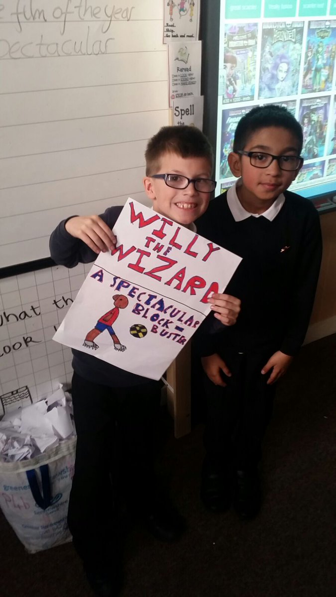 WBurghPrimary's tweet photo. Primary 4b made movie posters for Willy the Wizard. Can you see the smiles on their faces! I guess they loved this activity! #BookWeekScot #WillybugReads @AttainRen https://t.co/4E6SpiUCGX