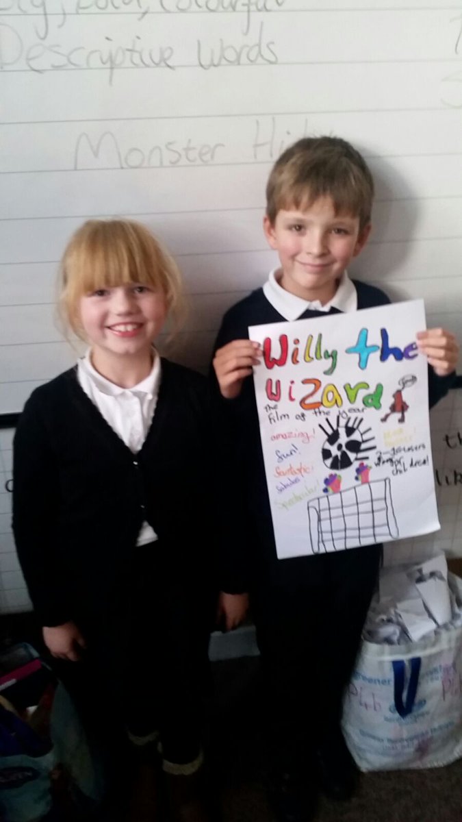 WBurghPrimary's tweet photo. Primary 4b made movie posters for Willy the Wizard. Can you see the smiles on their faces! I guess they loved this activity! #BookWeekScot #WillybugReads @AttainRen https://t.co/4E6SpiUCGX