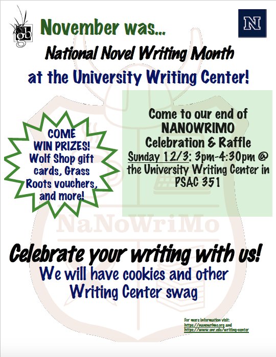 UNRUWSC's tweet photo. Join us to celebrate the end of @NaNoWriMo! We have a raffle and cookies! Shout out @GrassrootsBooks for their donation vouchers! #UNRWriting #NaNoWriMo https://t.co/vQBeyTy4hQ