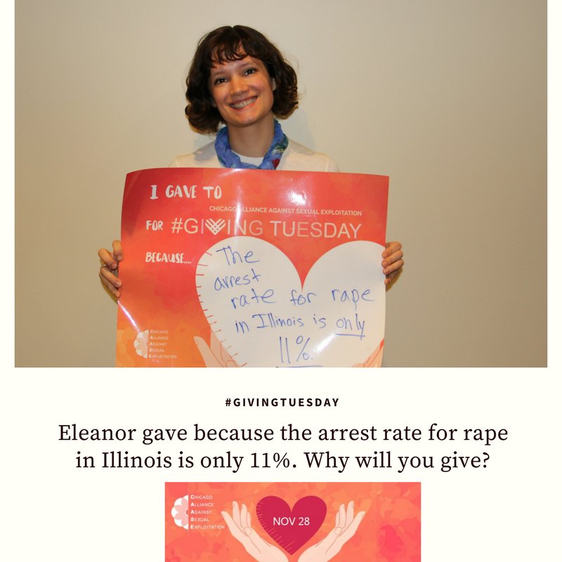 TheCAASE's tweet photo. Eleanor, Operations, and Development Associate at #CAASE donated to help increase the arrest rate for rape in #Illinois. Why will you give? #GivetoSupportCAASE Post #GivingTuesday contributions. https://t.co/lOh2VPwlFc https://t.co/ptZwaUrUqB
