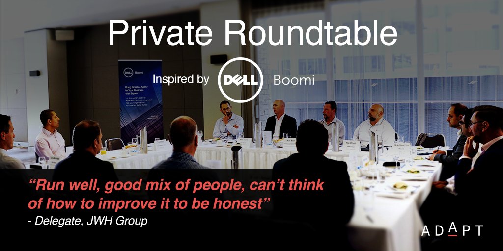 #ADAPT thanks <a href="/DellBoomi/">Dell Boomi</a> for inspiring this week's #Roundtable in #Perth on #Application #Integration - moderated by <a href="/TIMatTRA/">Tim Dillon</a> from <a href="/TechResearchAP/">Tech Research Asia</a>. Thank you <a href="/tanmushi/">Tania Mushtaq</a> from #DellBoomi for the partnership.

#TechResearchAsia #ApplicationIntegration #ADAPTRoundtables #CIO