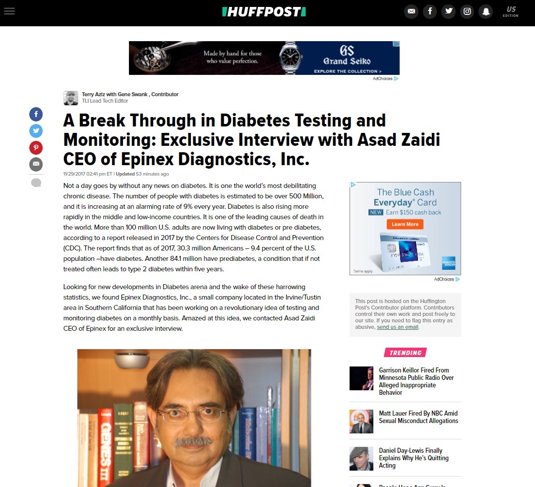 Epinex's tweet photo. A Break Through in Diabetes Testing and Monitoring: Exclusive Interview with Asad Zaidi CEO of Epinex Diagnostics, Inc.
https://t.co/oA7XxGdaFj https://t.co/TK5qjxEd4T