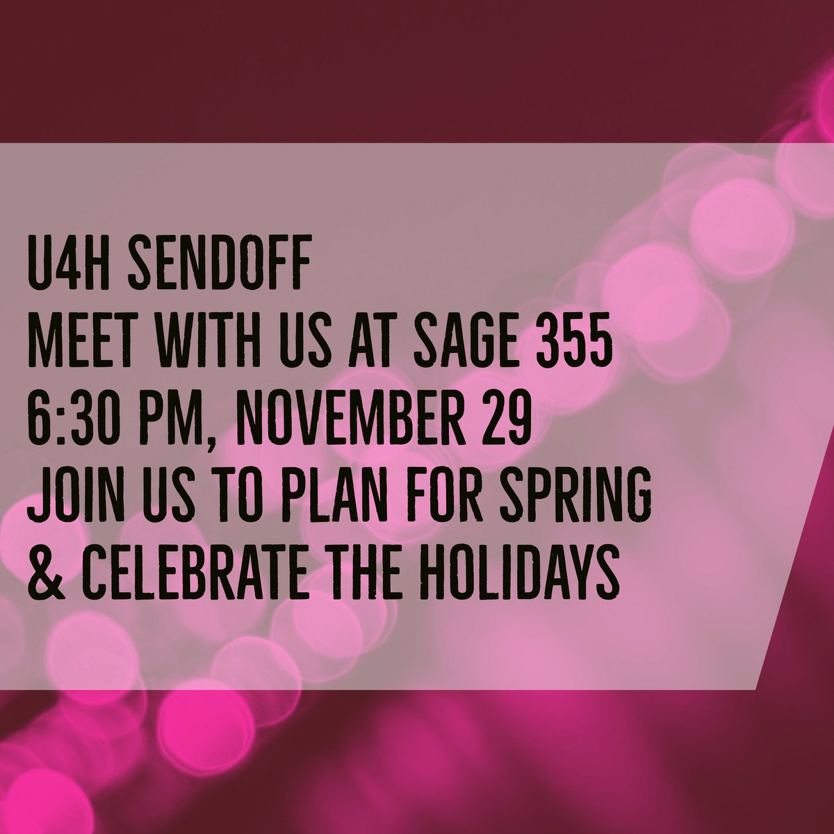 untu4h's tweet photo. Hi friends! We apologize for the delayed update-we hope to see y'all at 6:30 for our Cultural Holiday / Semester send off meeting! Officer position openings will also be discussed 🎉 https://t.co/aLFaCQzc8u
