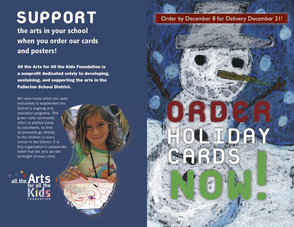 AlltheArtsFound's tweet photo. Order your Holiday Cards with your child's original masterpiece TODAY! All proceeds supports All the Arts for All the Kids Foundation provide art, music, dance, and theatre to every child in the Fullerton School District! https://t.co/6Dz5VSU4jy