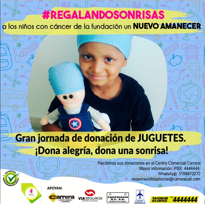 RevistaElClavo's tweet photo. La campaña #RegalandoSonrisas para los niños con Cáncer de la Fundación Nuevo Amanecer. Esta haciendo una gran jornada de recolección, deja tu aporte en el Centro Comercial Carrera hasta el día 20 de diciembre de lunes a sábado a partir de las 8am hasta las 5 pm. @Carolina_Viera https://t.co/a8KvYjLPqX