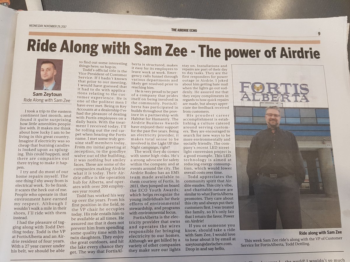 FortisAlberta's tweet photo. Thanks #SamZee for coming our way for an interview for @Airdrie_Echo. We're thrilled to share why we love being part of the @City_of_Airdrie community! https://t.co/rgQvhApyVP