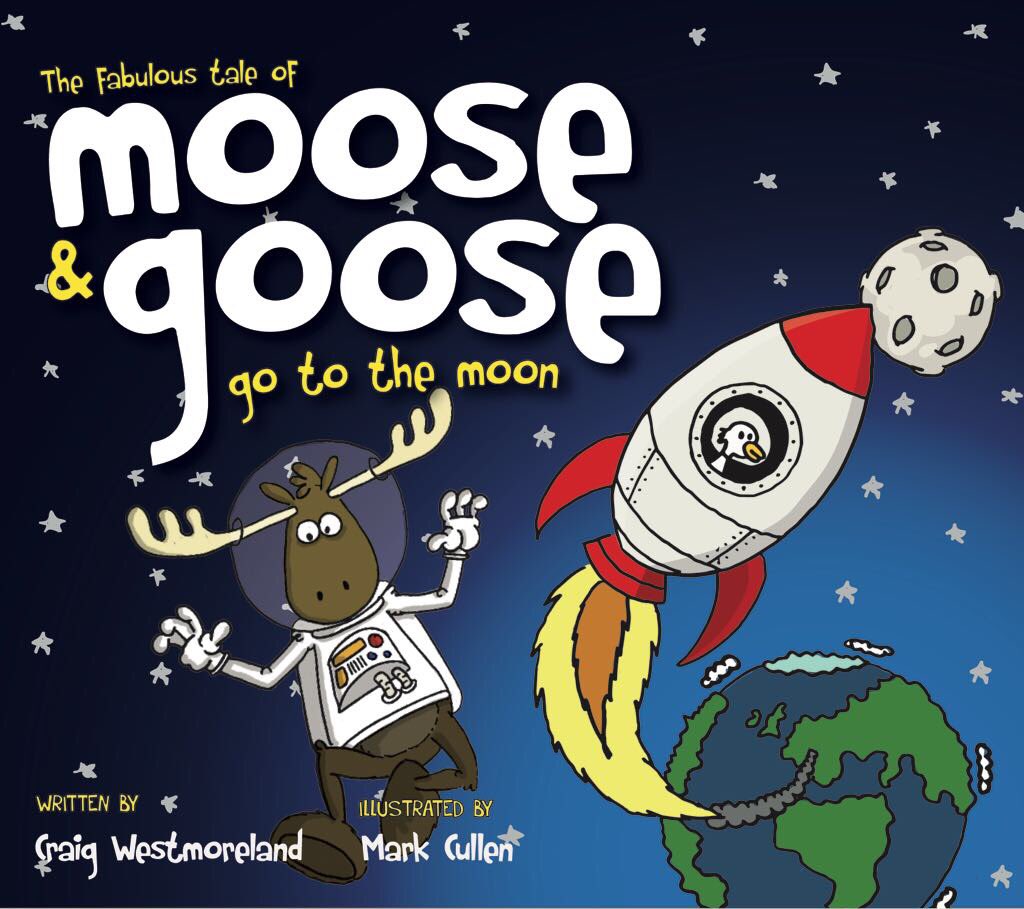 MooseAndGoose_'s tweet photo. Front cover of our book, credit: @markjcullen 
#tigerlegsbooks #moosegoestothemoon #MooseandGoose #moon #space #childrensbooks #illustration #moonlanding 
Follow our story. https://t.co/m2Xo49OLIL