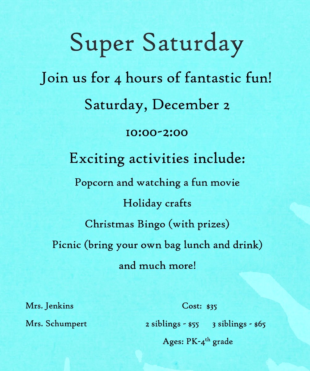 Mr_KNWhite's tweet photo. Register today for Super Saturday! Join Mrs. Jenkins & Mrs. Schumpert for 4 hours of fantastic fun THIS Saturday, 12/2, 10AM-2PM. Register at: https://t.co/1VUJOV1PyC
Questions? Contact the Auxiliary Programs Office at 803.776.0295, ext. 2002. #SuperSaturday #HammondPLUSPrograms https://t.co/nGgycHo70U