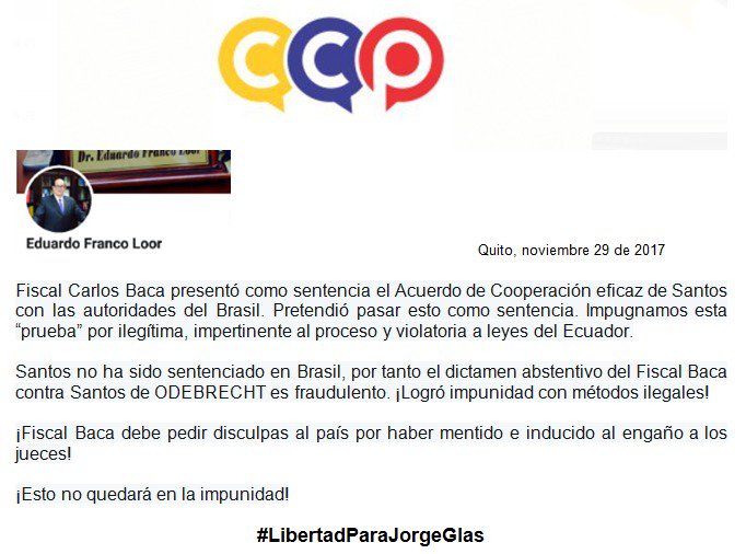 ContigoCCP's tweet photo. "¡#Fiscal Baca debe pedir disculpas públicas al país por haber mentido e inducido a engaño a los jueces", @Efrancoloor #LibertadParaJorgeGlas #Odebrecht https://t.co/vQhslX22rs