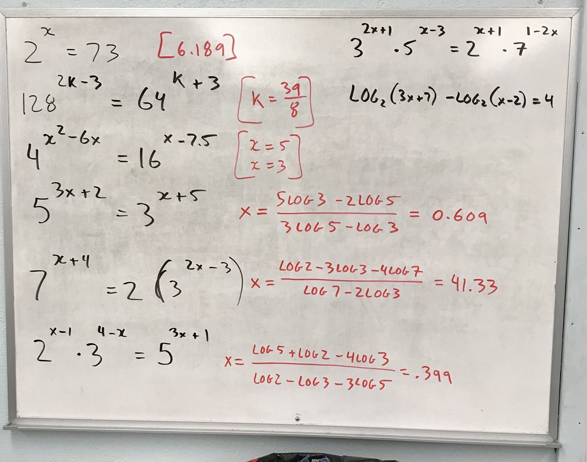 AlexOverwijk's tweet photo. Solving exponential equations where you can’t get a common base=taking log of both sides&amp;using log laws in #athinkingclassroom #vnps #mhf4u https://t.co/dGLwsPaTKl
