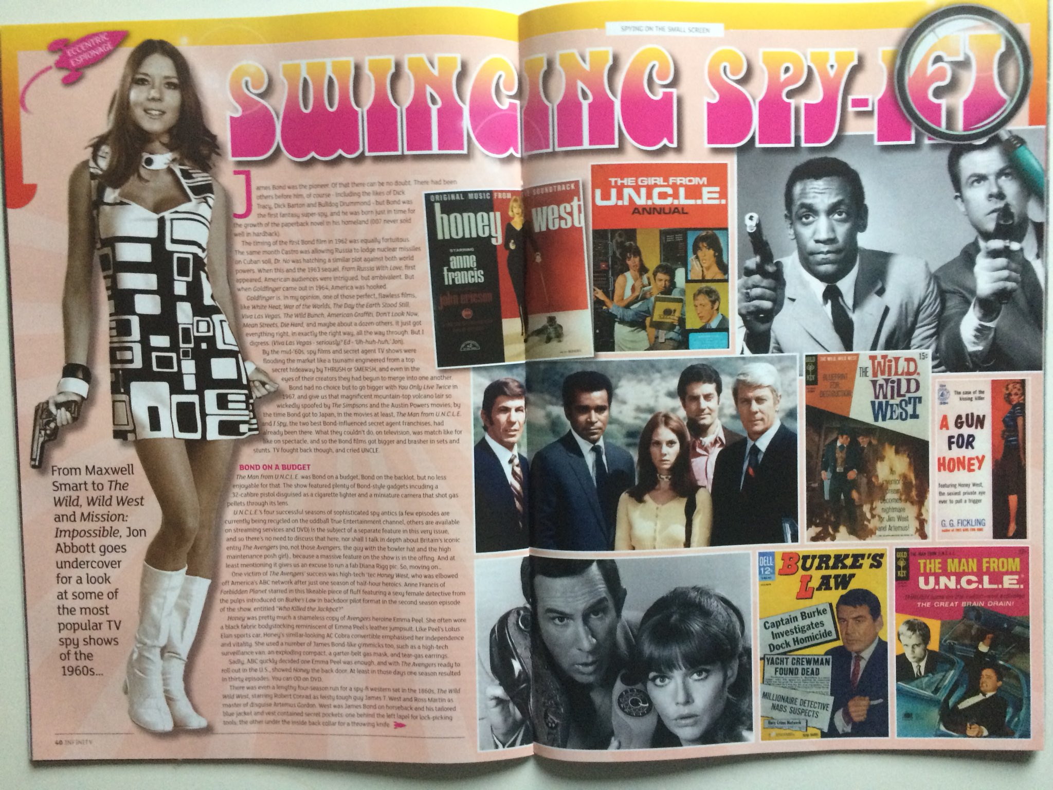 Claus Grimm Swinging Spy Fi A Look At Some Popular Tv Spy Shows Of The 1960s In Uk Magazine Infinity Issue 3 July 17 Spyfi Theavengers Themanfromuncle Getsmart Honeywest Burkeslaw Wildwildwest