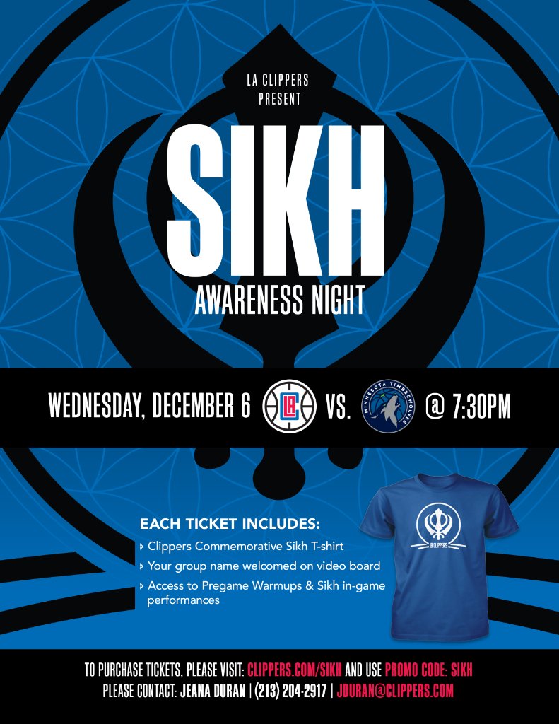 LAClippers's tweet photo. The Sikh Coalition &amp; the LA Clippers are working together for Sikh Awareness &amp; Appreciation.

Get your tickets online, using promo code: “Sikh”, &amp; receive a commemorative Sikh Awareness Night T-shirt. We look forward to seeing you at the game!

🎟: https://t.co/OMC3Gt11Xl https://t.co/PN6uG9u5rU
