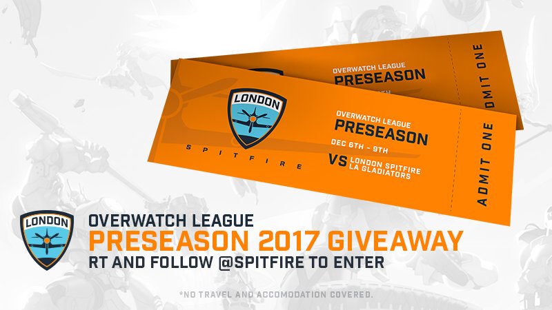 Spitfire's tweet photo. 🎫GIVEAWAY TIME! 🎫

Want to come watch our team #TakeOff and in the @PlayOverwatch Arena in Burbank, CA on December 7th? The time is now!
Follow @Spitfire and RT this tweet to enter!
Good luck! 🛩️

*Travel expenses and accommodation are not covered. https://t.co/2fGRzsQpqP
