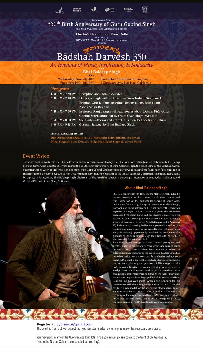 bhaibaldeep's tweet photo. Bādshah Darvesh: Celebrating 350th Birth Anniversary of Sāhib Sri Guru Gobind Singh Mahāraj
Join us all TODAY at South Hall San Jose Gurudwara, California!

Contributing artists include Ishmeet Narula, Azam Khan, Nahid Aria, Ayelet Gal-On, Sarabjit Singh &amp; Professor Ranjit Singh. https://t.co/5SqOLGCMOp