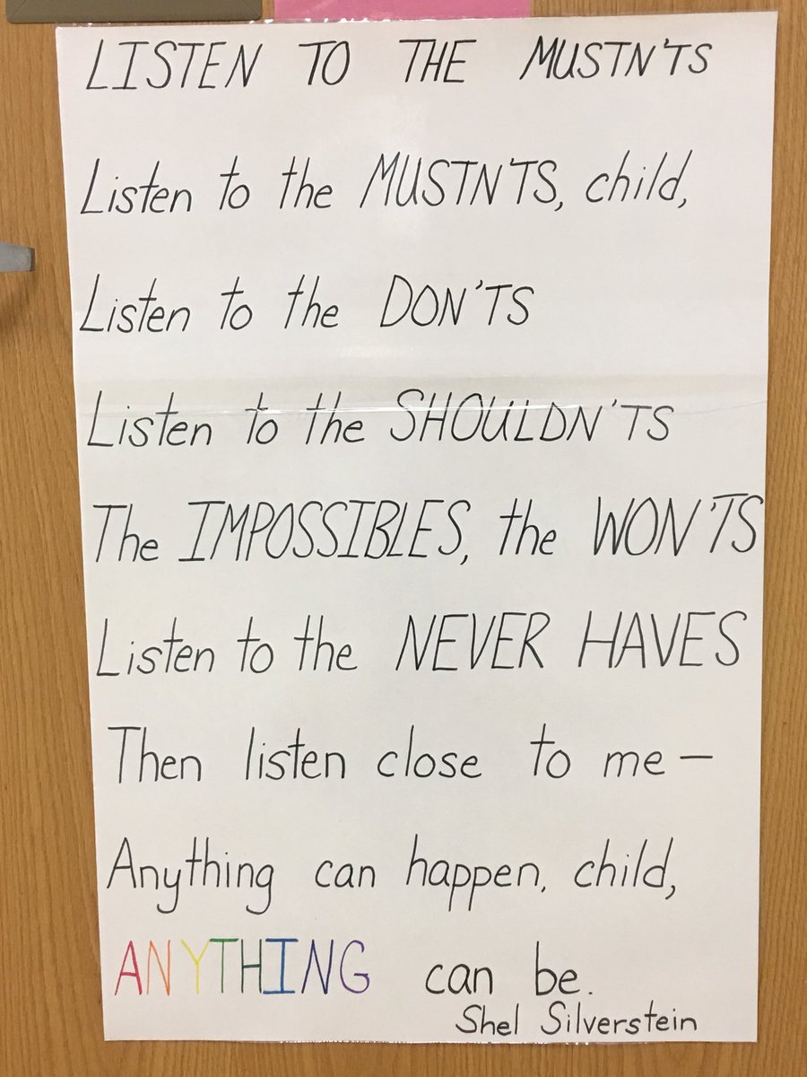 miss_capone's tweet photo. Saw this on a classroom door at Mt Prospect. It makes me feel so inspired! It reminds me of my favorite @iamkidpresident quote- “Things don’t have to be the way they are.” #kidpresident #youcandoit #NOTHINGISIMPOSSIBLE #shelsilverstein https://t.co/CbYnCzPv0A