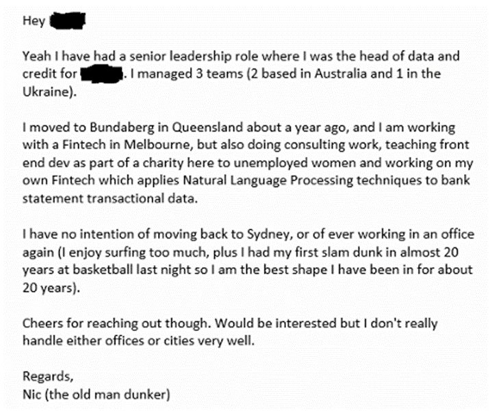 Going through old emails. 

I was clearly glowing after my first dunk in 20 years. Why did I have to tell the recruiter?

I am a pretty funny dude sometimes. 

Attached is my thanks but no thanks response to a job.

#remotework
#digitalnomads 
#startups