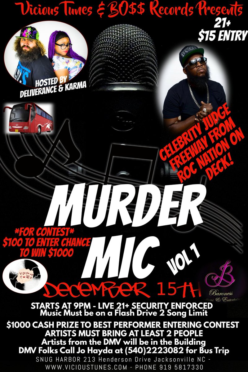 ViciousTunesMG's tweet photo. Can't wait until December 15th! @Phillyfreezer Freeway will be in the building judging these dope artists as they rock the stage @DeliveranceVTMG &amp; @KarmaVTMG will be hosting! Bo$$ Records in the building! Meet us at SNUG HARBOR in Jacksonville NC at 9pm! #Martian #Freeway #VTMG https://t.co/z7HxbTqtNR