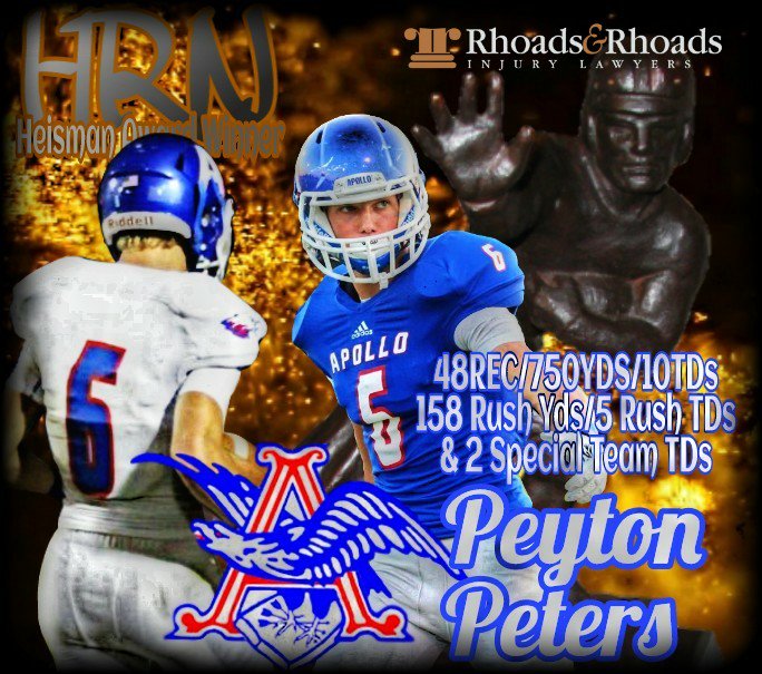 HomersRadio's tweet photo. Congrats to Rhoads &amp; Rhoads 2017 High School Heisman Award Winner:

Peyton Peters
48REC/750YDS/10TD
158 Rush Yds/5 Rush TD
&amp; 2 Special Team TD https://t.co/IOGo849ASM