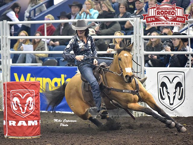prorodeocanada's tweet photo. “I kept telling myself to just get around the barrels, no matter how ugly it looked. I knew we were set up pretty good in the average if I could just do that.” ... #CarmanPozzobon after winning the 2017 #Canadian Barrel Racing title. https://t.co/GjtlwjWymJ https://t.co/zEszOmBCFm