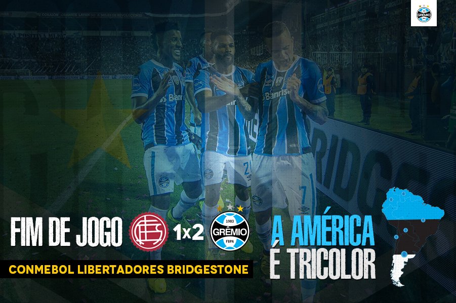 ACABOU!!!!!! Lanús 1x2 Grêmio
A #Libertadores2017 É NOSSA! A AMÉRICA É NOSSA! 
#SoyLocoPorTri #QueremosACopa #ReconquistaDaAmérica