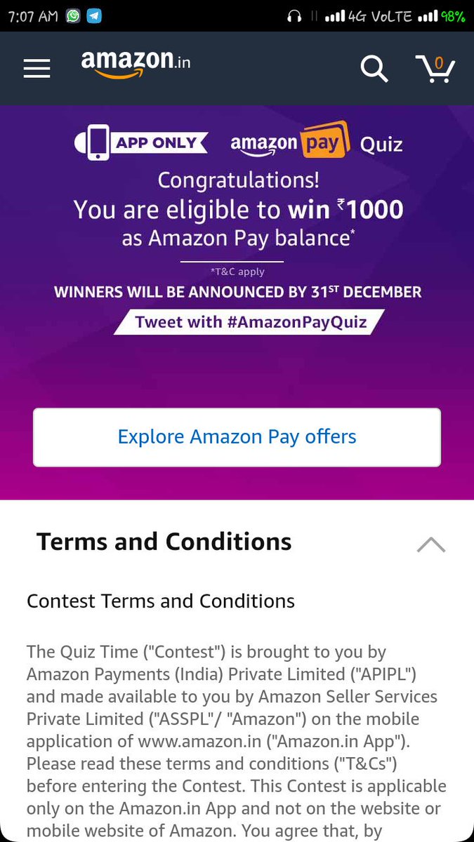 susmigo1210's tweet photo. I finished the quiz... Im waiting for dec 31. Im too excited... Im also eligible for the gifts... Sounds great.... Nice contest..
#AmazonPayQuiz #AmazonPayAppQuiz https://t.co/1DGBbHyzwS