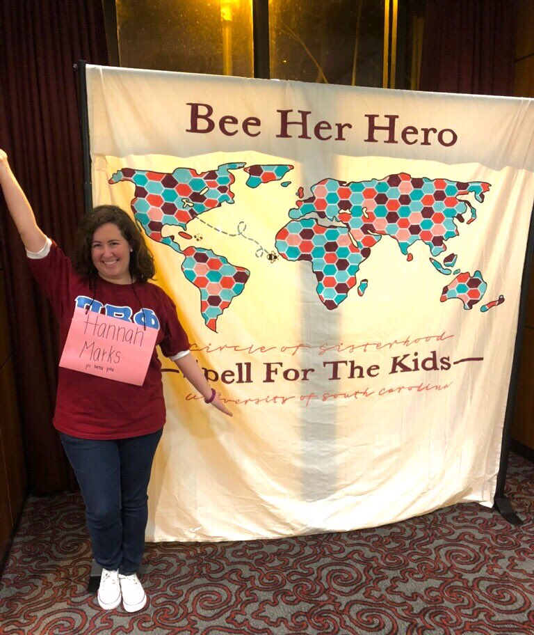 scpiphi's tweet photo. Congrats to our sister, Hannah on getting 3rd in the Circle of Sisterhood contest, Bee Her Hero! Such a fun Panhellenic event! #BeeHerHero #PanhellenicPride @USC_Panhellenic @CofS_UofSC https://t.co/RqJiXG7CbO