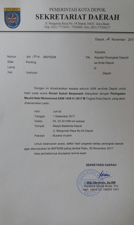 instruksi utk seluruh ASN se-Kota Depok untuk hadir pada acara Sholat Subuh Berjamaah &amp; Peringatan Maulid Nabi Muhammad SAW 1439 H <a href="/IdrisAShomad/">Mohammad Idris</a> <a href="/Bang_Pradi/">Pradi Supriatna</a> <a href="/Humas_depok/">Dokpim</a> <a href="/bkpsdmkotadepok/">BKPSDM Kota Depok</a>