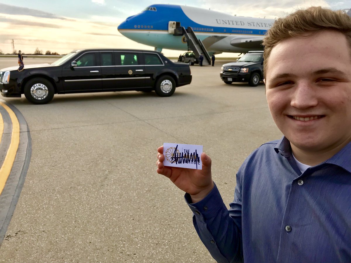 fritzmt's tweet photo. What an honor for my son, @MatthewTFritzII, to meet @POTUS @realDonaldTrump &amp; tour Air Force One in St Louis today.  In the mad scramble to find something to autograph, my son pulled out one of my @AvalonLead cards. The smile on his face says it all! https://t.co/w6yxgkI7qG